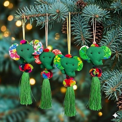 Primary image for Elephant-Themed 4-Piece Cotton Blend Ornament Set in Green Thai Elephants of Luck