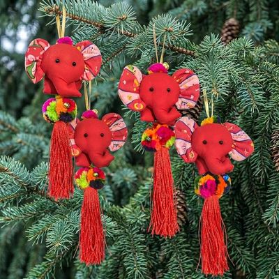 Primary image for Whimsical Elephant-Themed 4-Piece Cotton Blend Ornament Set Thai Elephants in Love