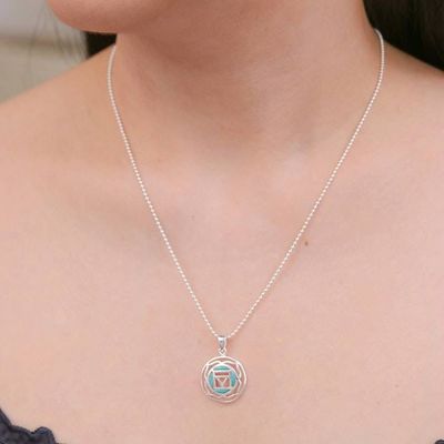 Alternate image for Inspirational Lotus-Themed Recon Turquoise Pendant Necklace Mind in Peace