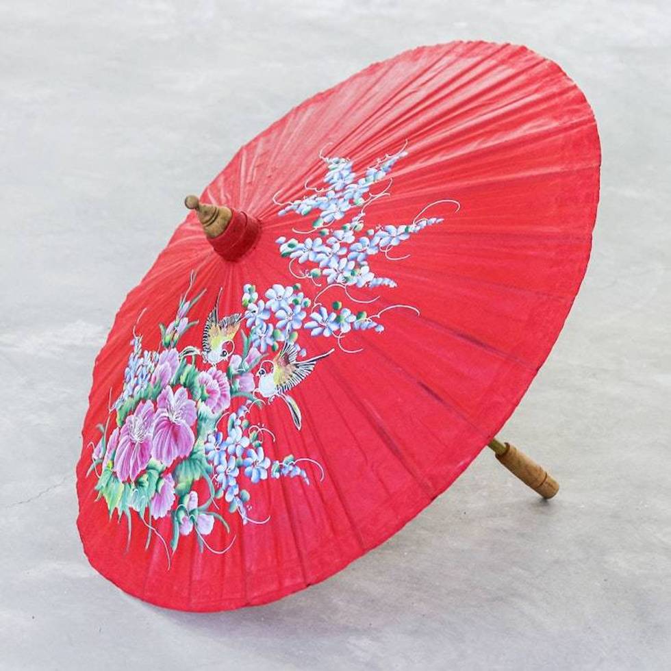 Folk Art Spring-Themed Red Saa Paper Parasol from Thailand 'Red Spring'