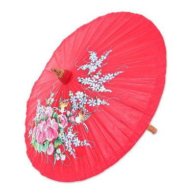 Alternate image for Folk Art Spring-Themed Red Saa Paper Parasol from Thailand Red Spring