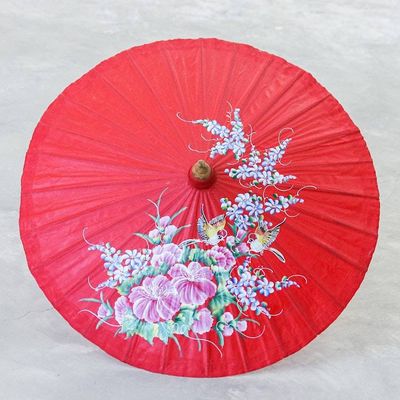 Alternate image for Folk Art Spring-Themed Red Saa Paper Parasol from Thailand Red Spring