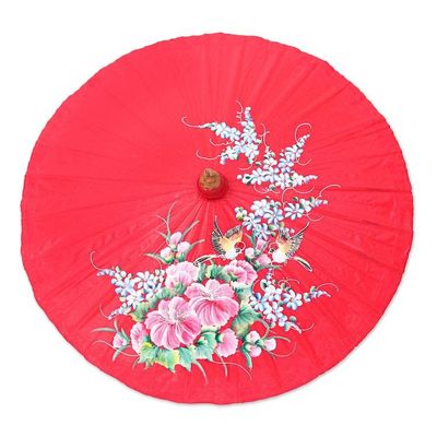 Alternate image for Folk Art Spring-Themed Red Saa Paper Parasol from Thailand Red Spring