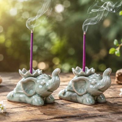 Alternate image for Elephant-Shaped Green Celadon Ceramic Incense Holder Pair Wind Sages