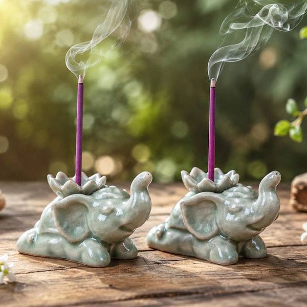 Alternate image for Elephant-Shaped Green Celadon Ceramic Incense Holder Pair Wind Sages