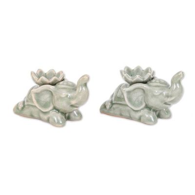 Alternate image for Elephant-Shaped Green Celadon Ceramic Incense Holder Pair Wind Sages