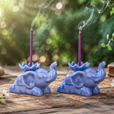 Alternate image for Blue Ceramic Elephant Incense Holders with Crackled Finish River Sages