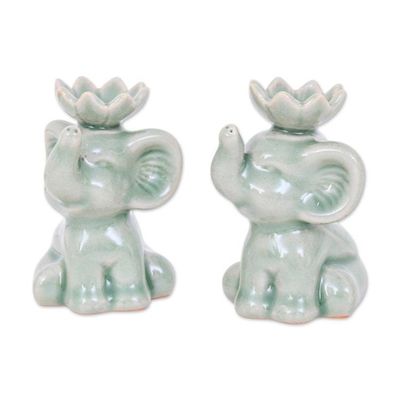 Alternate image for Pale Green Celadon Ceramic Elephant Incense Holder Pair Tranquil Trunks