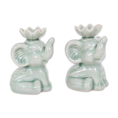 Alternate image for Pale Green Celadon Ceramic Elephant Incense Holder Pair Tranquil Trunks