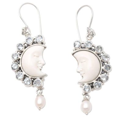 Alternate image for Blue Topaz and Cultured Pearl Crescent Moon Dangle Earrings Goodnight Moon in Blue