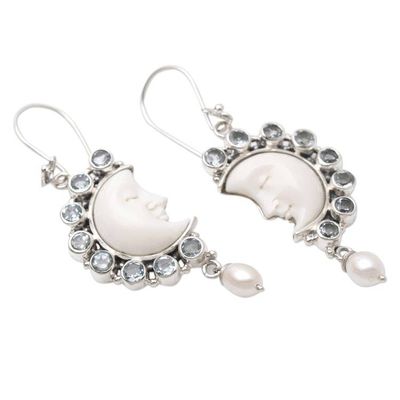 Alternate image for Blue Topaz and Cultured Pearl Crescent Moon Dangle Earrings Goodnight Moon in Blue