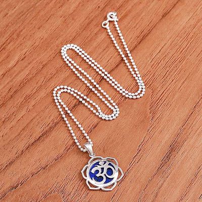 Alternate image for Floral Om-Themed Lapis Lazuli Pendant Necklace from Thailand Sacred Regal Bloom