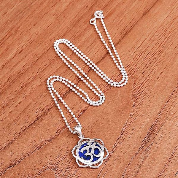 Alternate image for Floral Om-Themed Lapis Lazuli Pendant Necklace from Thailand Sacred Regal Bloom