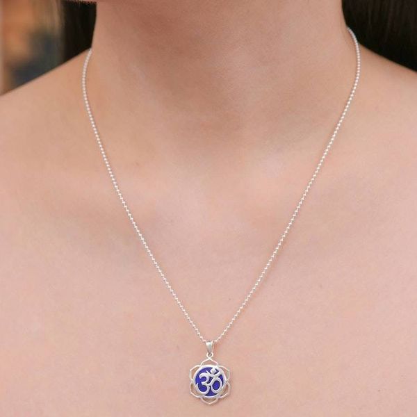 Alternate image for Floral Om-Themed Lapis Lazuli Pendant Necklace from Thailand Sacred Regal Bloom