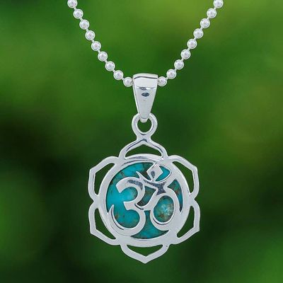 Main image for Floral Om-Themed Reconstituted Turquoise Pendant Necklace Sacred Peace Bloom