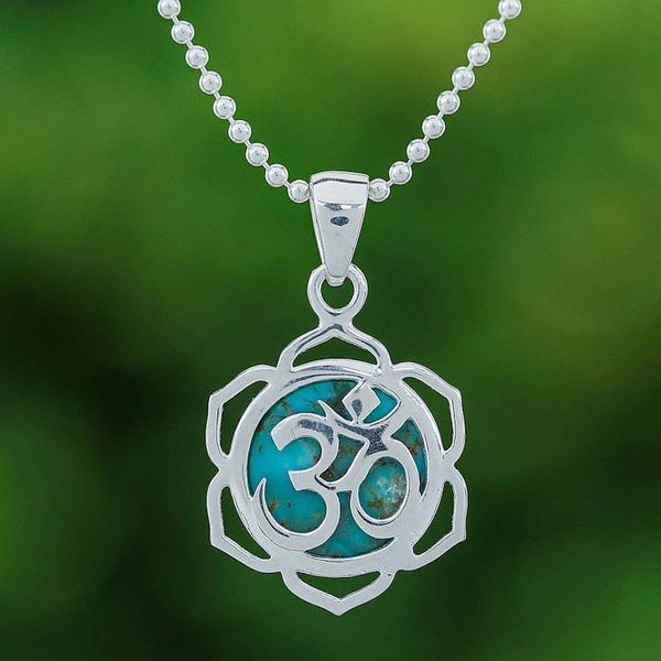 Alternate image for Floral Om-Themed Reconstituted Turquoise Pendant Necklace Sacred Peace Bloom