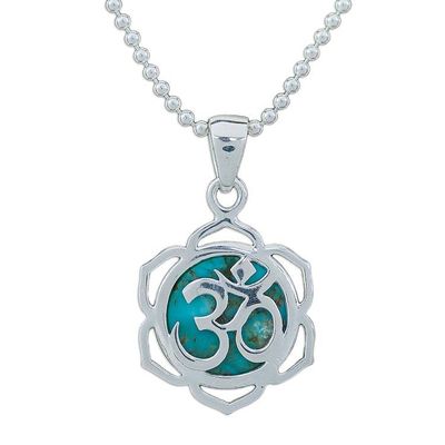 Alternate image for Floral Om-Themed Reconstituted Turquoise Pendant Necklace Sacred Peace Bloom