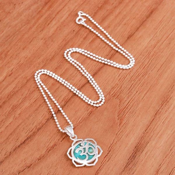 Alternate image for Floral Om-Themed Reconstituted Turquoise Pendant Necklace Sacred Peace Bloom