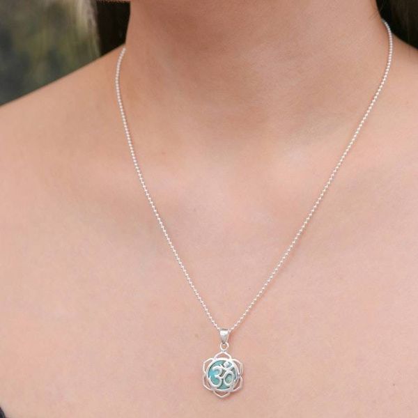 Alternate image for Floral Om-Themed Reconstituted Turquoise Pendant Necklace Sacred Peace Bloom