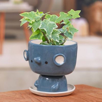 Alternate image for Elephant-Shaped Blue Ceramic Mini Flower Pot with Saucer Endearing Elephant