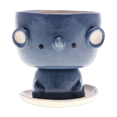 Alternate image for Elephant-Shaped Blue Ceramic Mini Flower Pot with Saucer Endearing Elephant