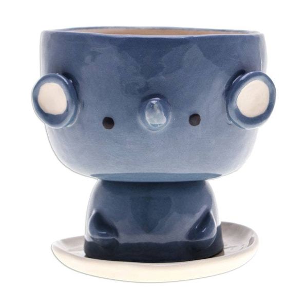 Alternate image for Elephant-Shaped Blue Ceramic Mini Flower Pot with Saucer Endearing Elephant