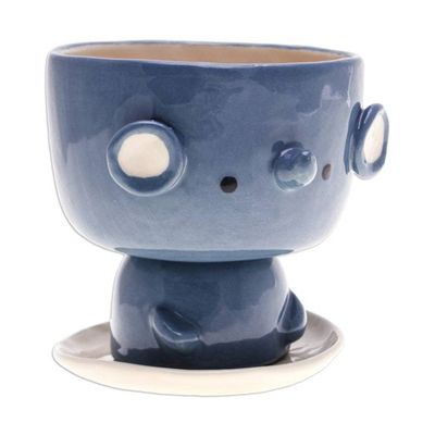 Alternate image for Elephant-Shaped Blue Ceramic Mini Flower Pot with Saucer Endearing Elephant