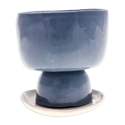 Alternate image for Elephant-Shaped Blue Ceramic Mini Flower Pot with Saucer Endearing Elephant