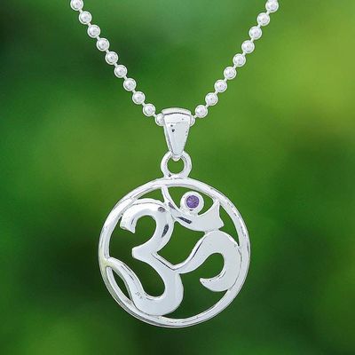Alternate image for Polished Amethyst Round Om Pendant Necklace from Thailand Om of Wisdom