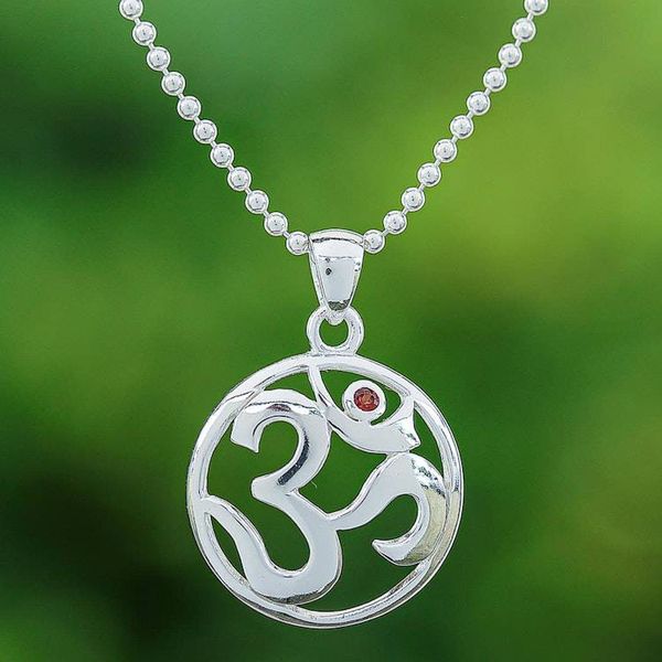 Alternate image for Polished Garnet Round Om Pendant Necklace from Thailand Om of Passion