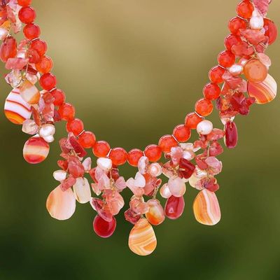 Primary image for Artisan Crafted Pearl-Chalcedony-Carnelian Necklace Peach Tone Beauty