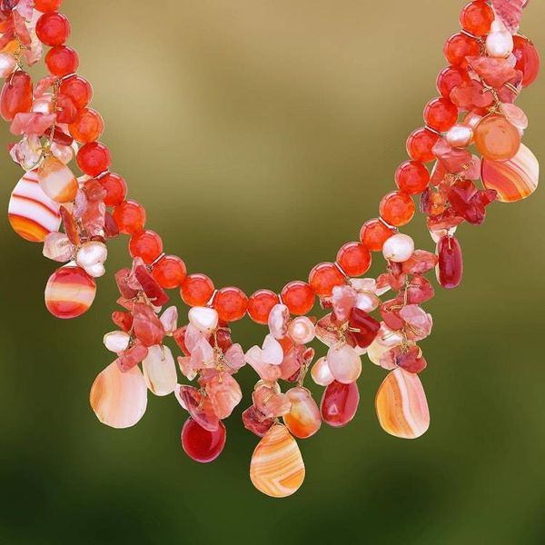 Alternate image for Artisan Crafted Pearl-Chalcedony-Carnelian Necklace Peach Tone Beauty