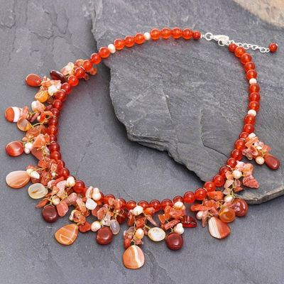 Alternate image for Artisan Crafted Pearl-Chalcedony-Carnelian Necklace Peach Tone Beauty
