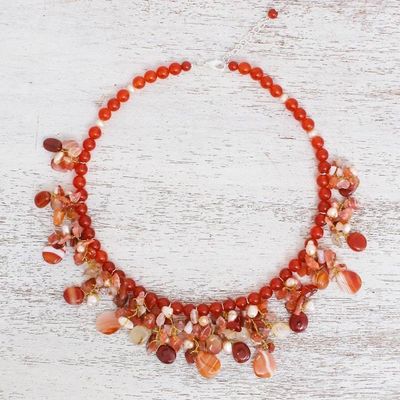 Alternate image for Artisan Crafted Pearl-Chalcedony-Carnelian Necklace Peach Tone Beauty