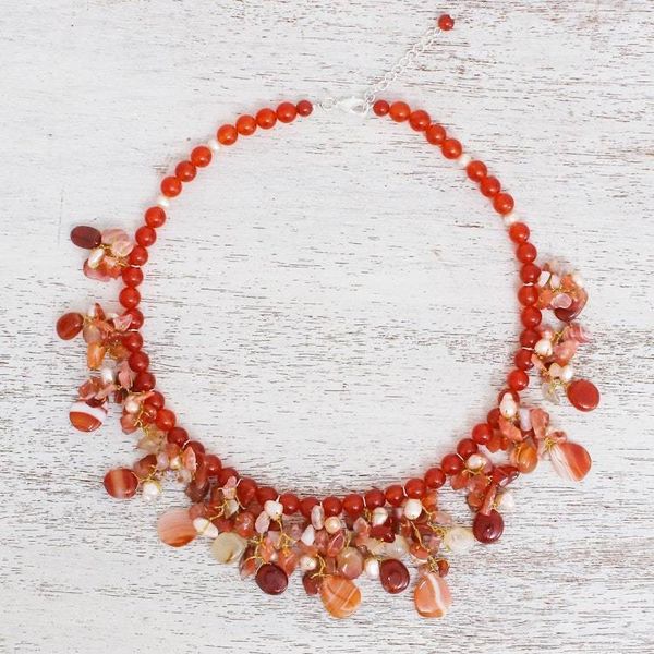 Alternate image for Artisan Crafted Pearl-Chalcedony-Carnelian Necklace Peach Tone Beauty