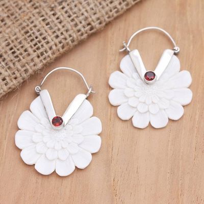 Primary image for Garnet and Sterling Silver Floral Hoop Earrings Soft Curves