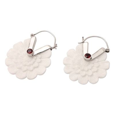 Alternate image for Garnet and Sterling Silver Floral Hoop Earrings Soft Curves