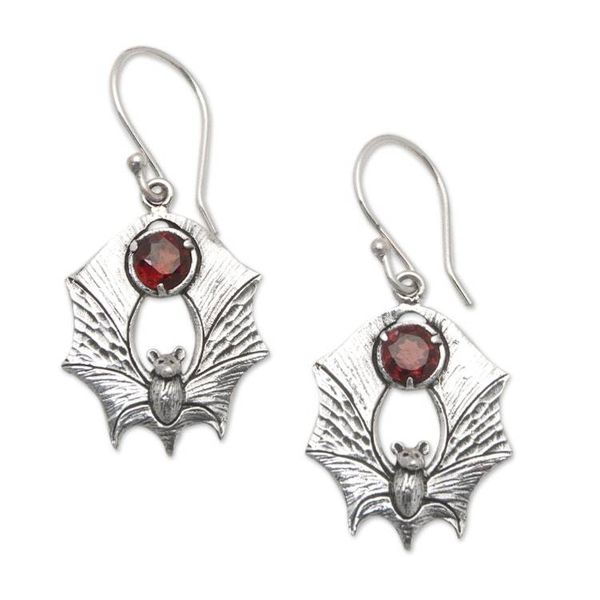 Alternate image for Bat-Themed Dangle Earrings with 1-Carat Garnet Jewels Passionate Night Warrior