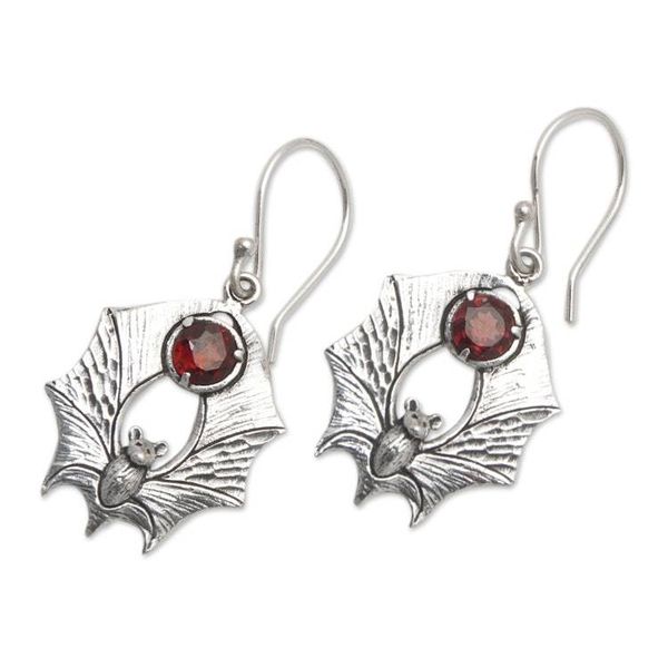 Alternate image for Bat-Themed Dangle Earrings with 1-Carat Garnet Jewels Passionate Night Warrior