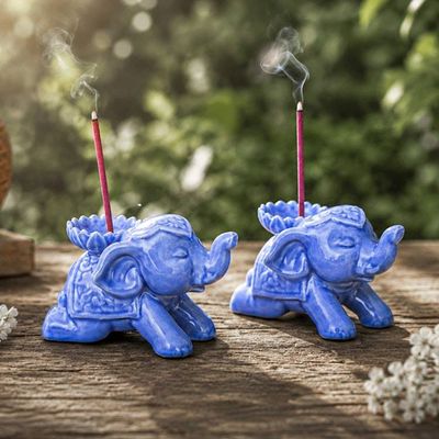 Alternate image for Blue Elephant-Themed Crackled Ceramic Incense Holder Pair Peaceful Parade