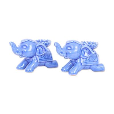 Alternate image for Blue Elephant-Themed Crackled Ceramic Incense Holder Pair Peaceful Parade