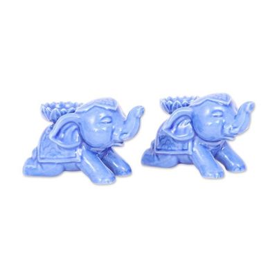 Alternate image for Blue Elephant-Themed Crackled Ceramic Incense Holder Pair Peaceful Parade