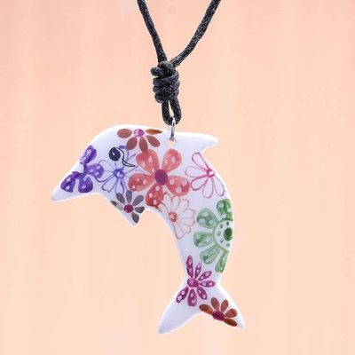 Primary image for Ceramic Dolphin Necklace with Colorful Painted Floral Motifs Floral Dolphin