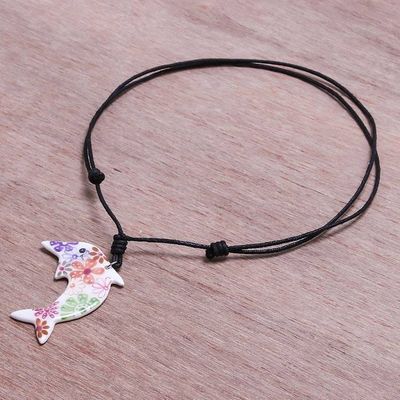Alternate image for Ceramic Dolphin Necklace with Colorful Painted Floral Motifs Floral Dolphin