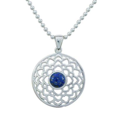 Alternate image for Polished Lotus-Themed Lapis Lazuli Cabochon Pendant Necklace Lotus of Royalty