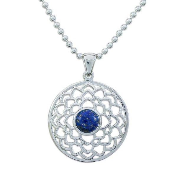 Alternate image for Polished Lotus-Themed Lapis Lazuli Cabochon Pendant Necklace Lotus of Royalty