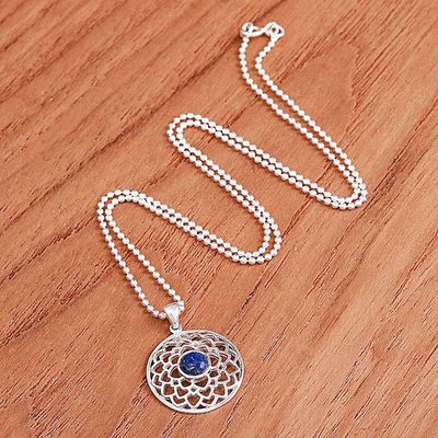Alternate image for Polished Lotus-Themed Lapis Lazuli Cabochon Pendant Necklace Lotus of Royalty