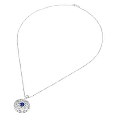Alternate image for Polished Lotus-Themed Lapis Lazuli Cabochon Pendant Necklace Lotus of Royalty