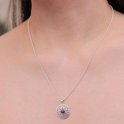 Alternate image for Polished Lotus-Themed Lapis Lazuli Cabochon Pendant Necklace Lotus of Royalty