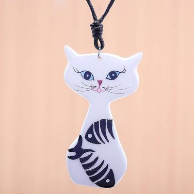Primary image for Ceramic Cat Pendant Necklace with Painted Fish Motifs Content Cat